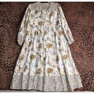 R. Vioimos Cream & Brown Keyhole Bohemian Gypsy Peasant Tassels Dress Size L